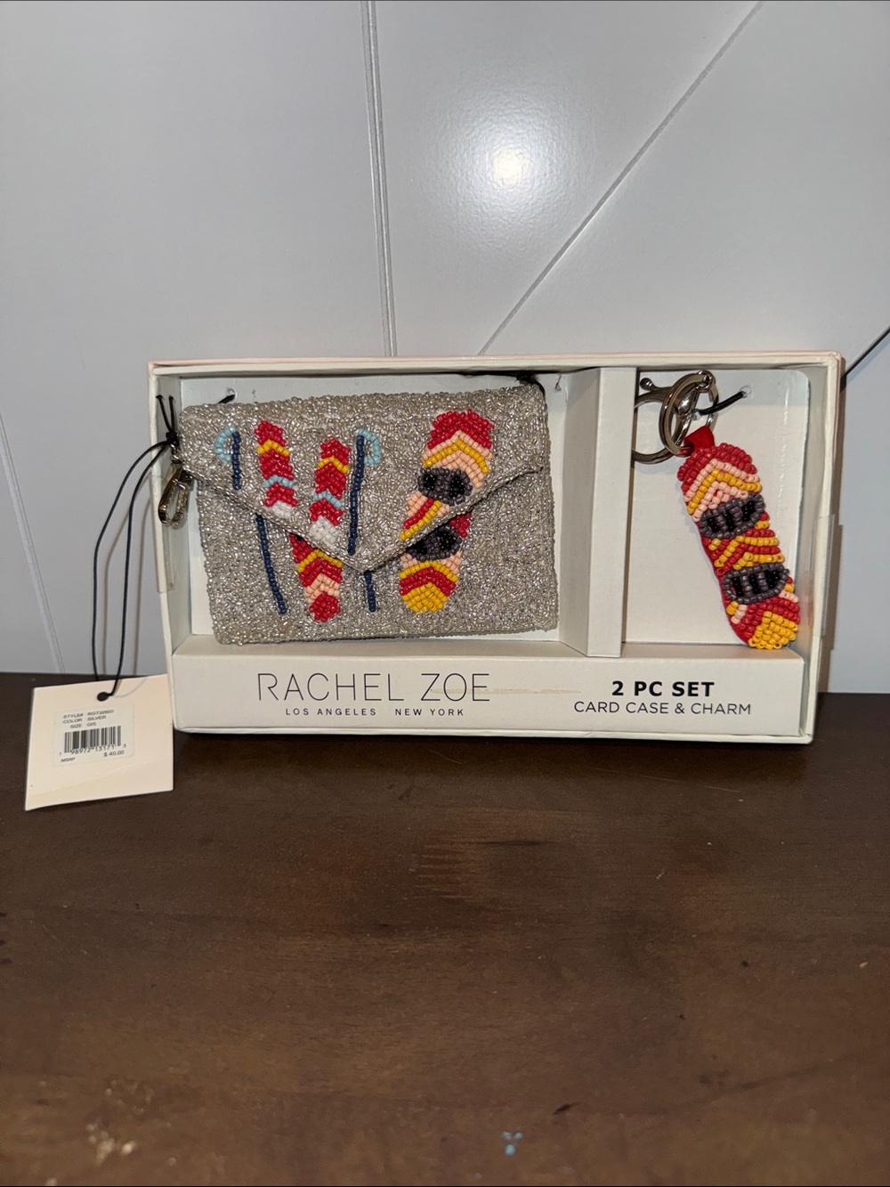 Rachel Zoe Silver Beaded Card Case & Red Yellow Beaded Charm